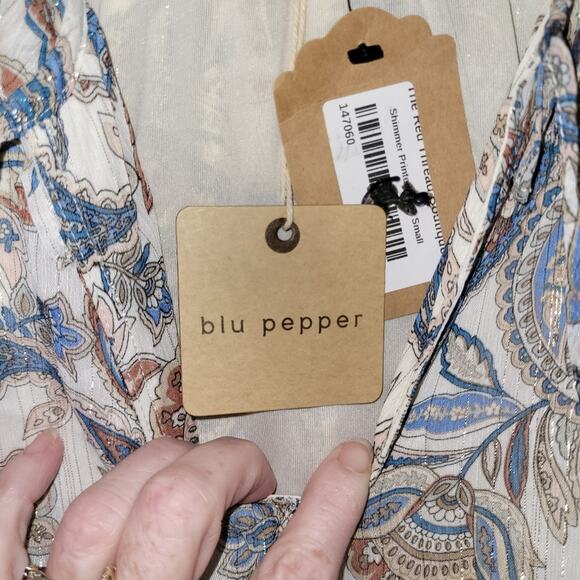 Womens Peasant Balloon Sleeve Top Paisly Print Floral Peplum Blouse Blue Pepper - Picture 3 of 9